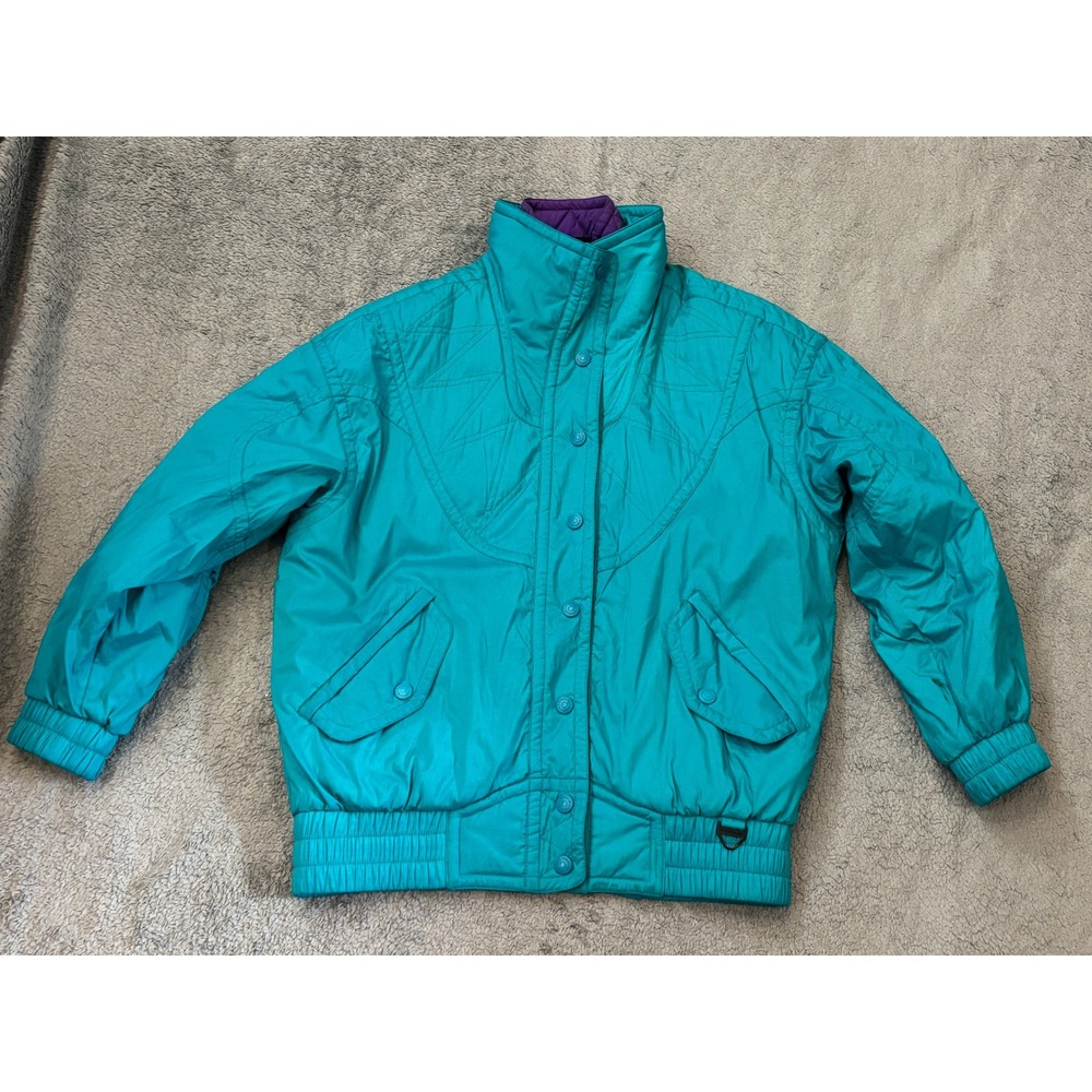 Vintage Tyrolia Skiwear Teal Blue Puffer Jacket Womens Size 10 Retro 90s Bomber